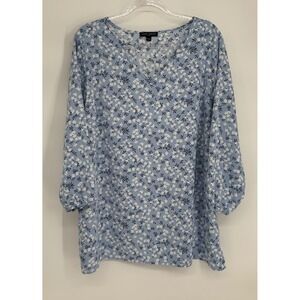Mario Serrani Italy Womens Sz XXL Blue Floral V-Neck 3/4 Sleeve Blouse Top